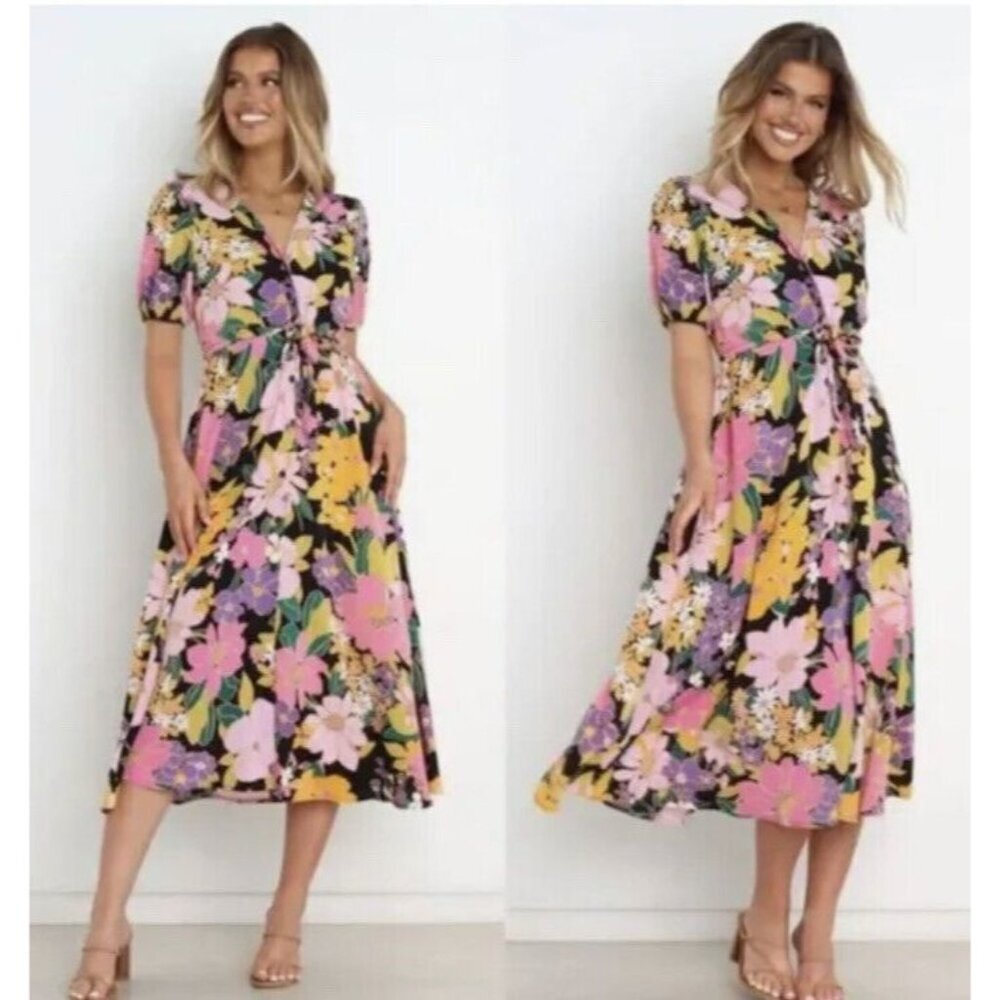 Petal + Pup Jeanne Dress Midi NWTS Black Floral Wedding Guest Wine Tasting R